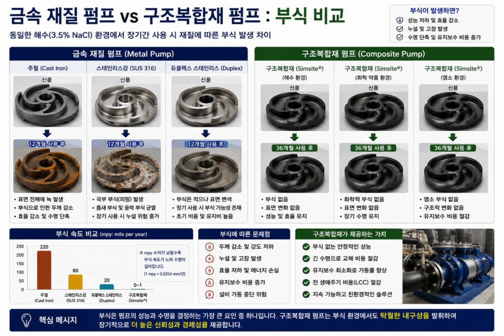 금속 재질 펌프 vs 구조복합재 펌프 부식비교