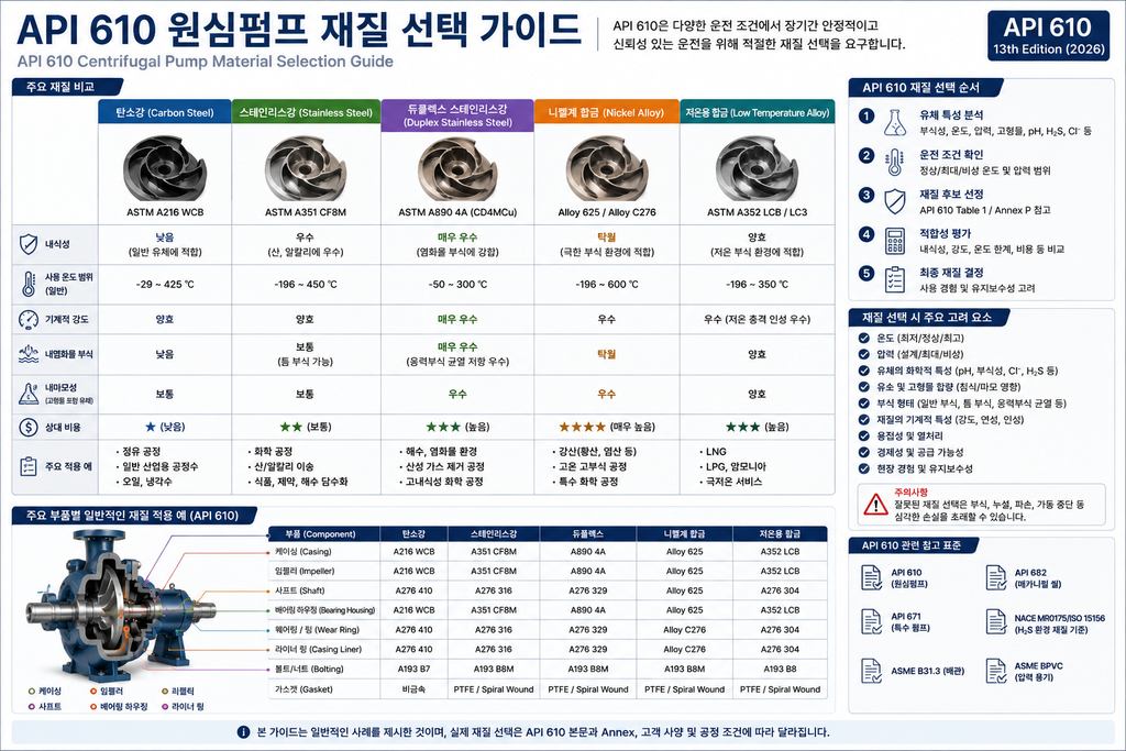 API 610 펌프 재질 선택 기준