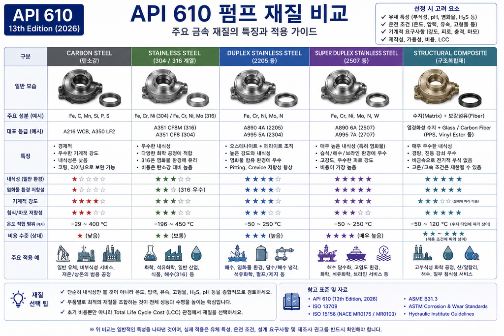 API 610 펌프 재질 비교