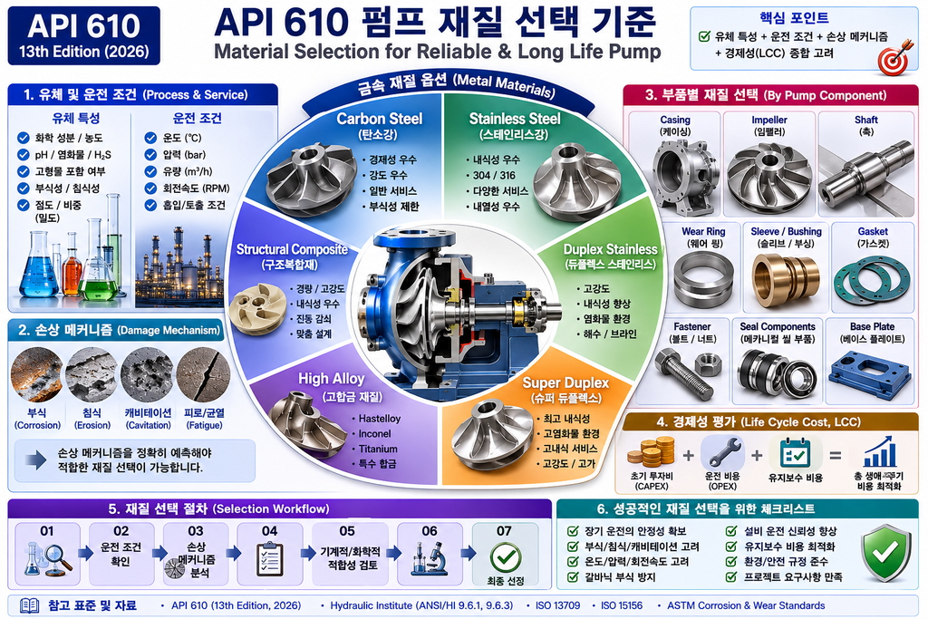 API 610 펌프 재질 선택 기준