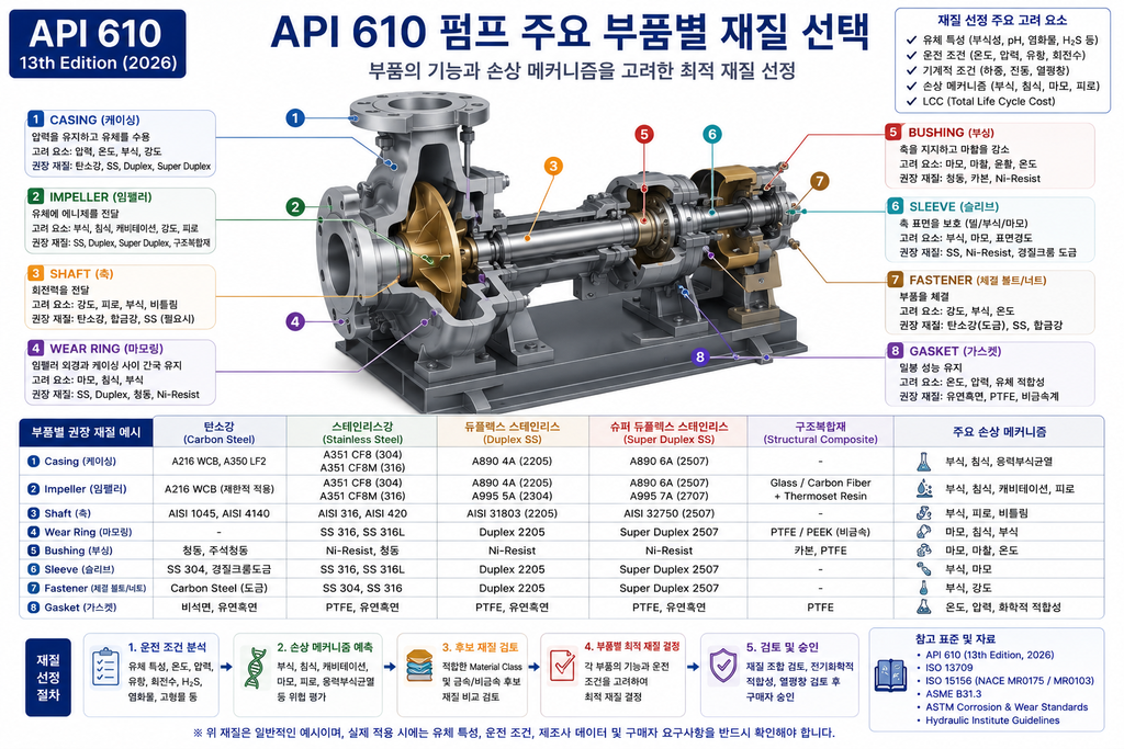 API 610 펌프 부품별 재질 선택
