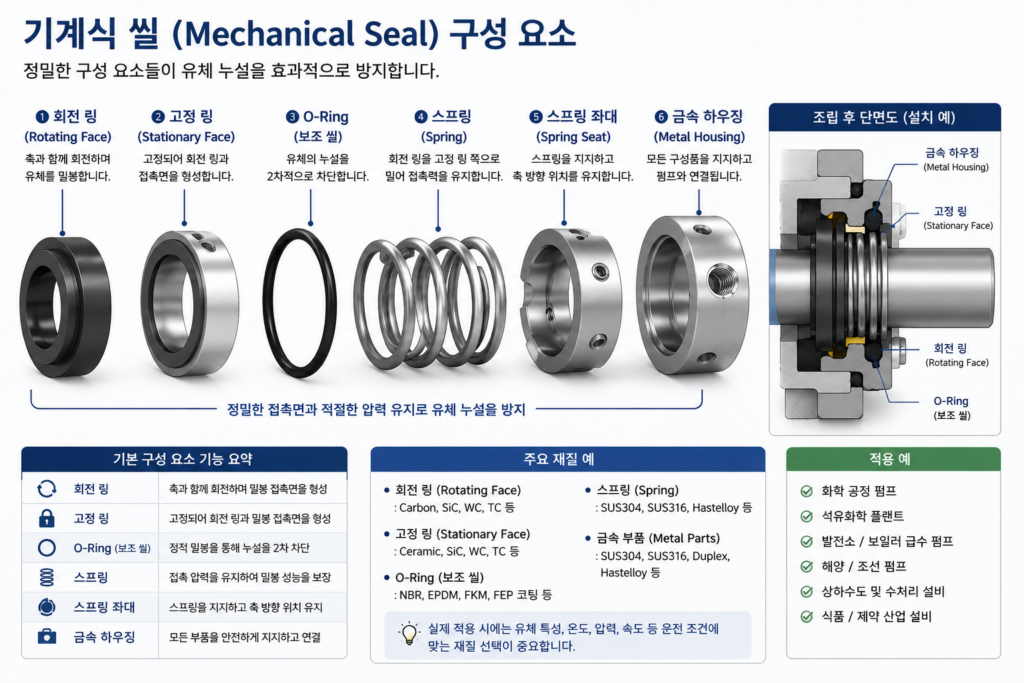 기계식 씰의 회전 링, 고정 링, O-Ring 및 스프링 구조