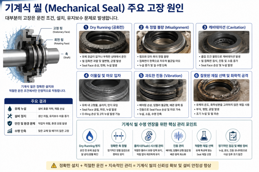 기계식 씰의 주요 고장 원인인 Dry Running, 축 정렬 불량 및 마모