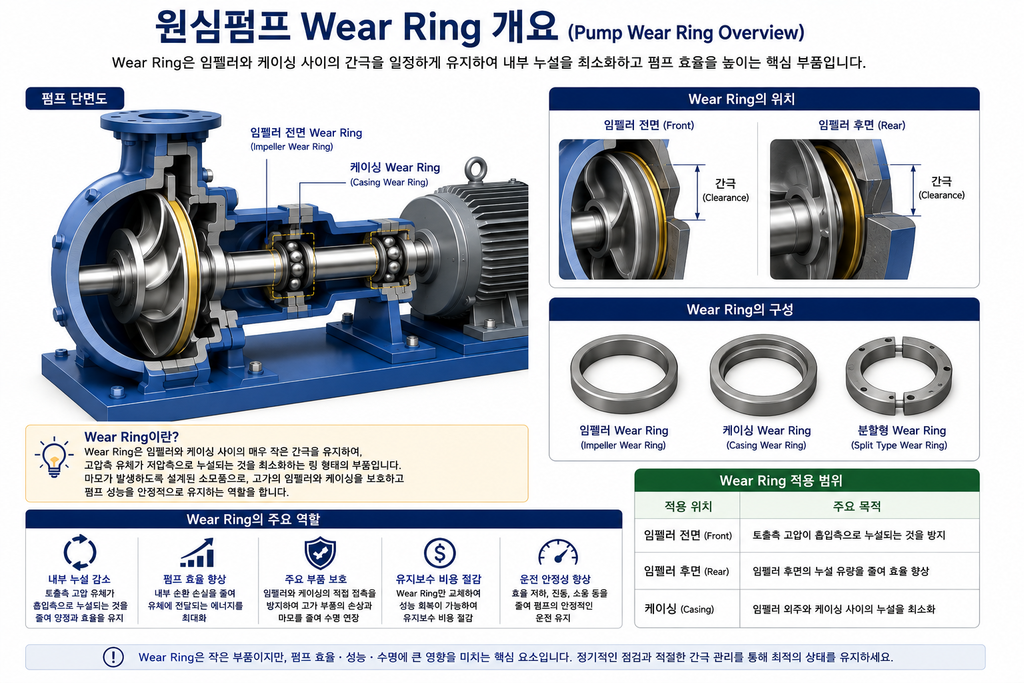 원심펌프 Wear Ring의 위치와 역할을 보여주는 구조도