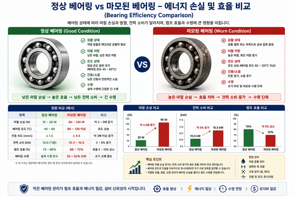 정상 베어링과 마모된 베어링의 에너지 손실 비교